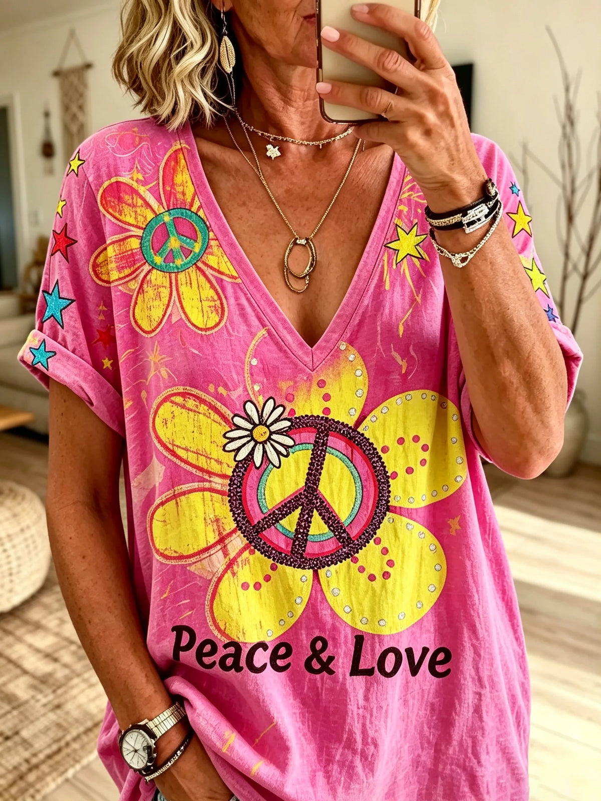 Women's Hot Pink Peace Daisy Hippie Art Print V-Neck Loose Short Sleeve Tee