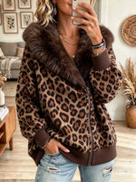 Women's Leopard Faux Fur Collar Zip-Up Fleece Jacke
