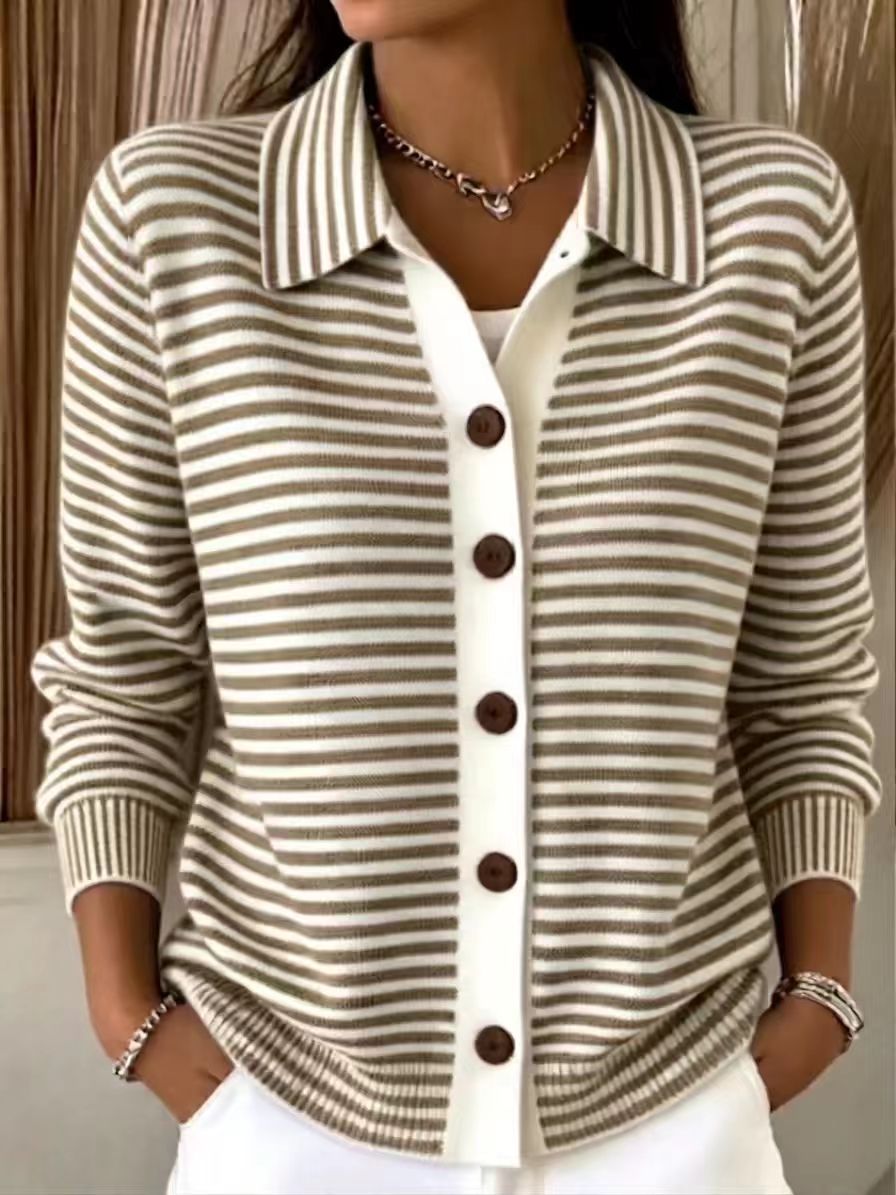 Collared Stripe Button‑Down Knit Cardigan, Women Loose Long Sleeve Pocket Sweater Jacket