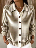 Collared Stripe Button‑Down Knit Cardigan, Women Loose Long Sleeve Pocket Sweater Jacket