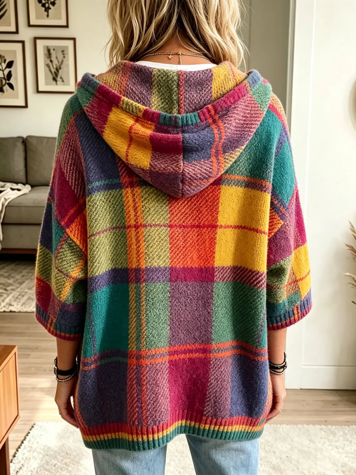 Women's Colorful Plaid Knit Poncho Hoodie