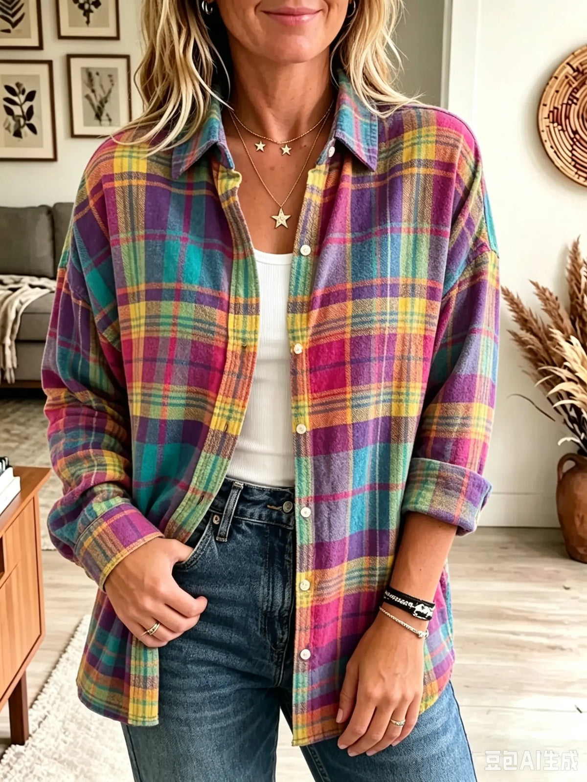 Retro Plaid Pattern Art Print Casual Stylish Long Sleeve Cotton Linen Shirt