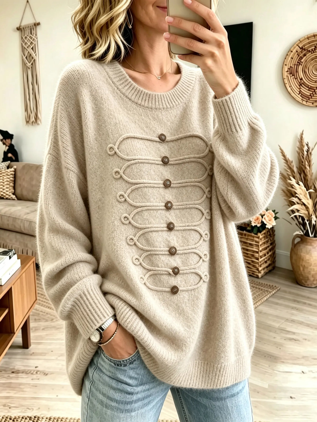 Women's Military Braided Frogs Crewneck Sweater