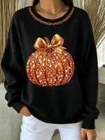 Women Sparkly Pumpkin Bow Graphic Crewneck Fall Sweatshirt