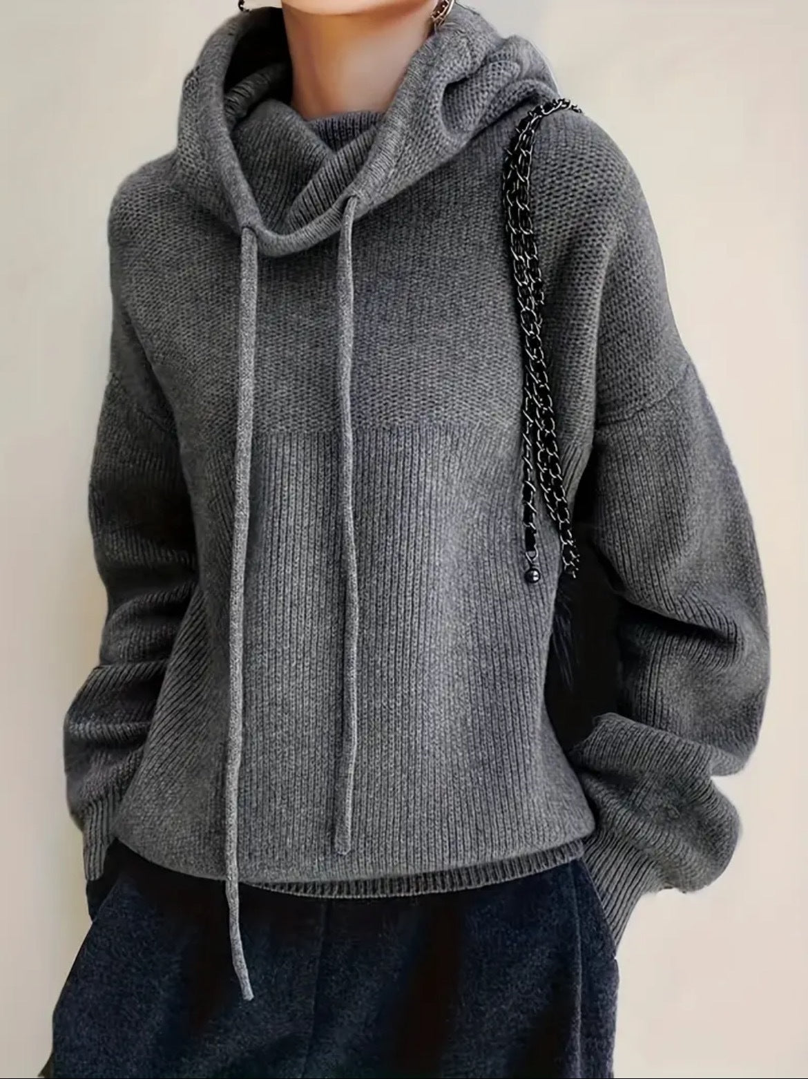 Drawstring Cowl Neck Waffle Knit Hooded Sweater Women Loose Pullover