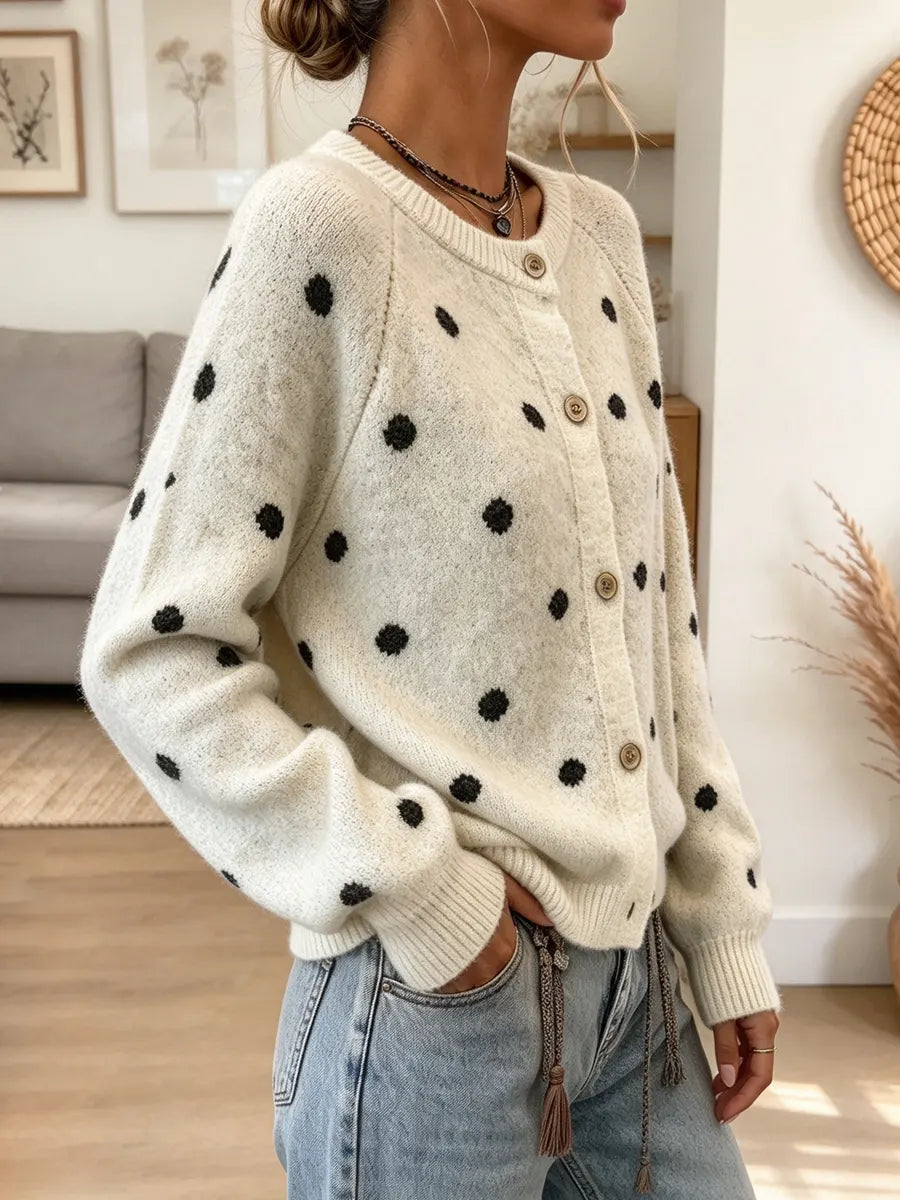Retro Polka Dot Knit Art Casual Stylish Long Sleeve Cardigan Sweater