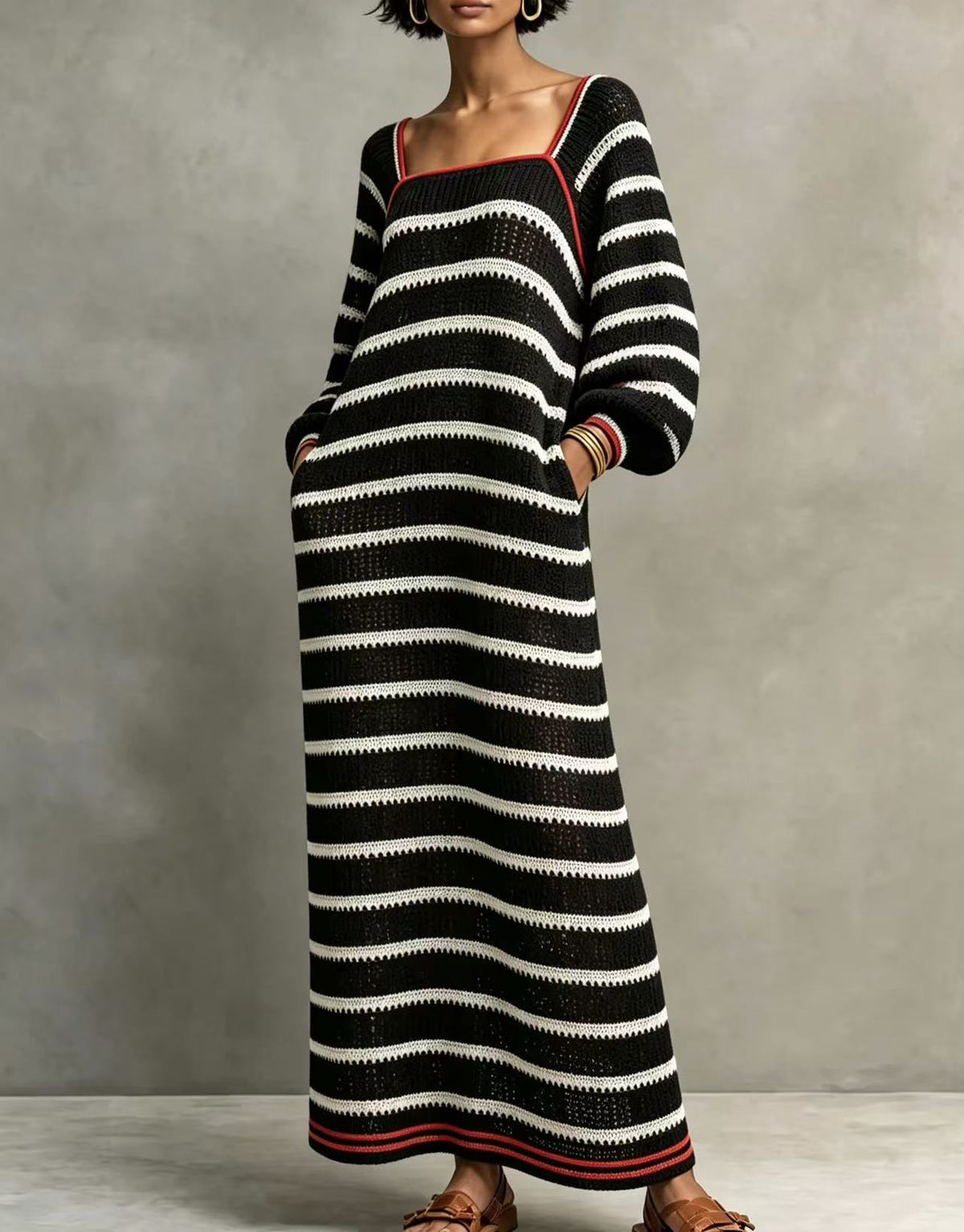 Women Square Neck Stripe Knit Long Sleeve Pocket Maxi Dress