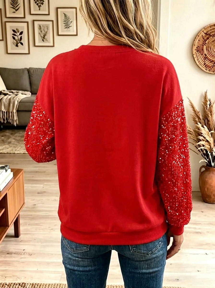 Women's Santa Applique Sequin Sleeve Christmas Sweatshirt