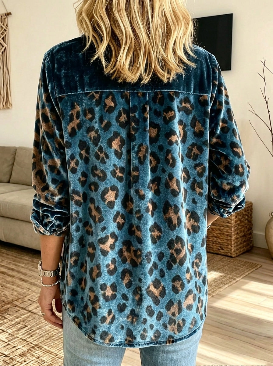 Women Leopard Print Velvet Button‑Down Long Sleeve Shirt Blouse
