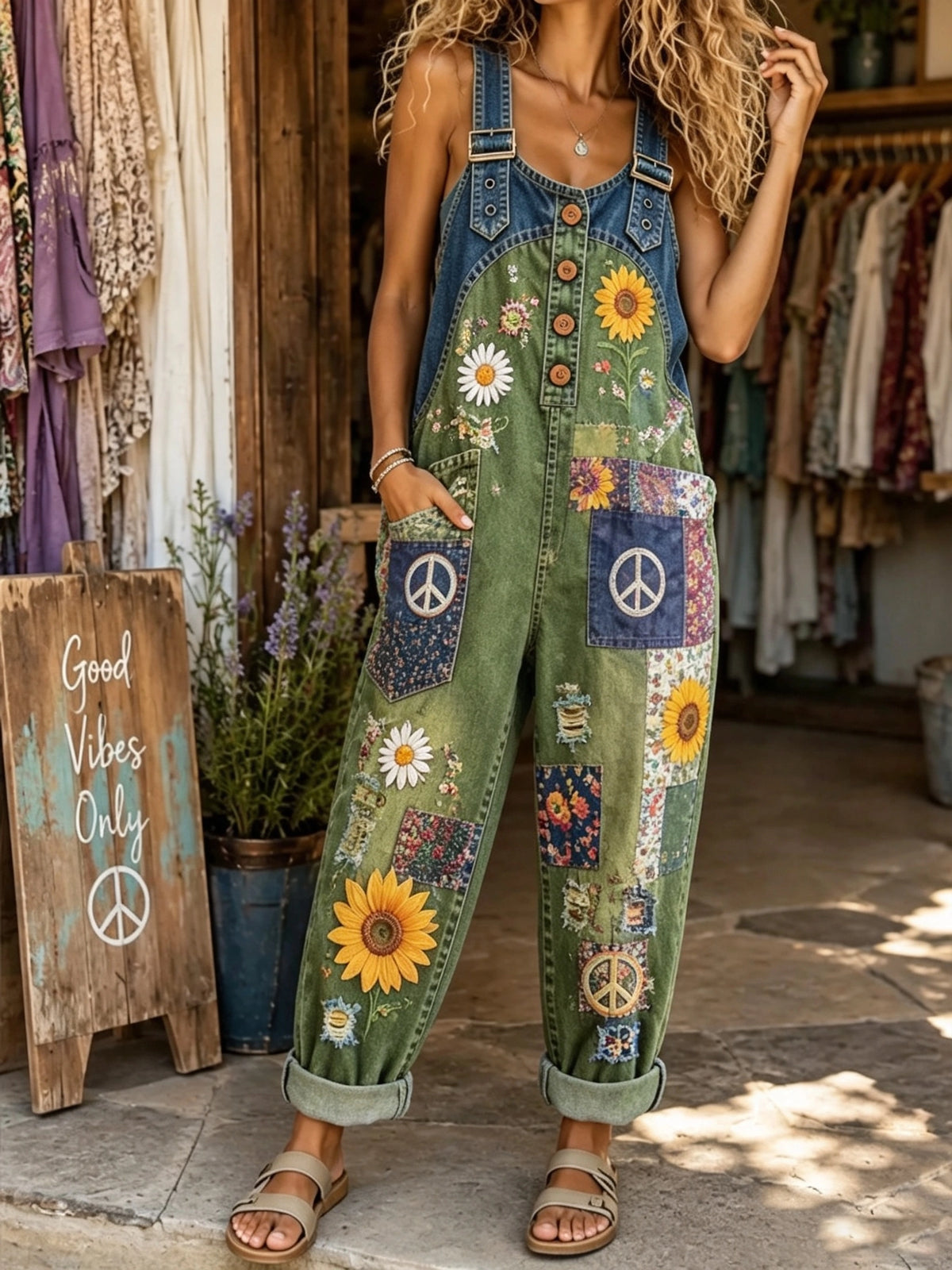 Women's Sunflower Peace Patchwork Print Overalls