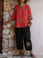 Womens’ Floral Embroidery Three Quarter Sleeve Top & Cropped Jogger Pants Two Piece Set