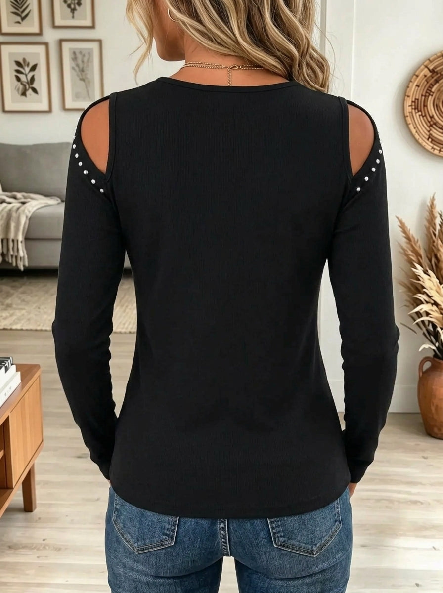 Women's Studded Cold-Shoulder Long-Sleeve Top