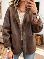 Women Drop Shoulder Pocket Vintage Faux Leather Sherpa Lined Zip JacketOuterwear