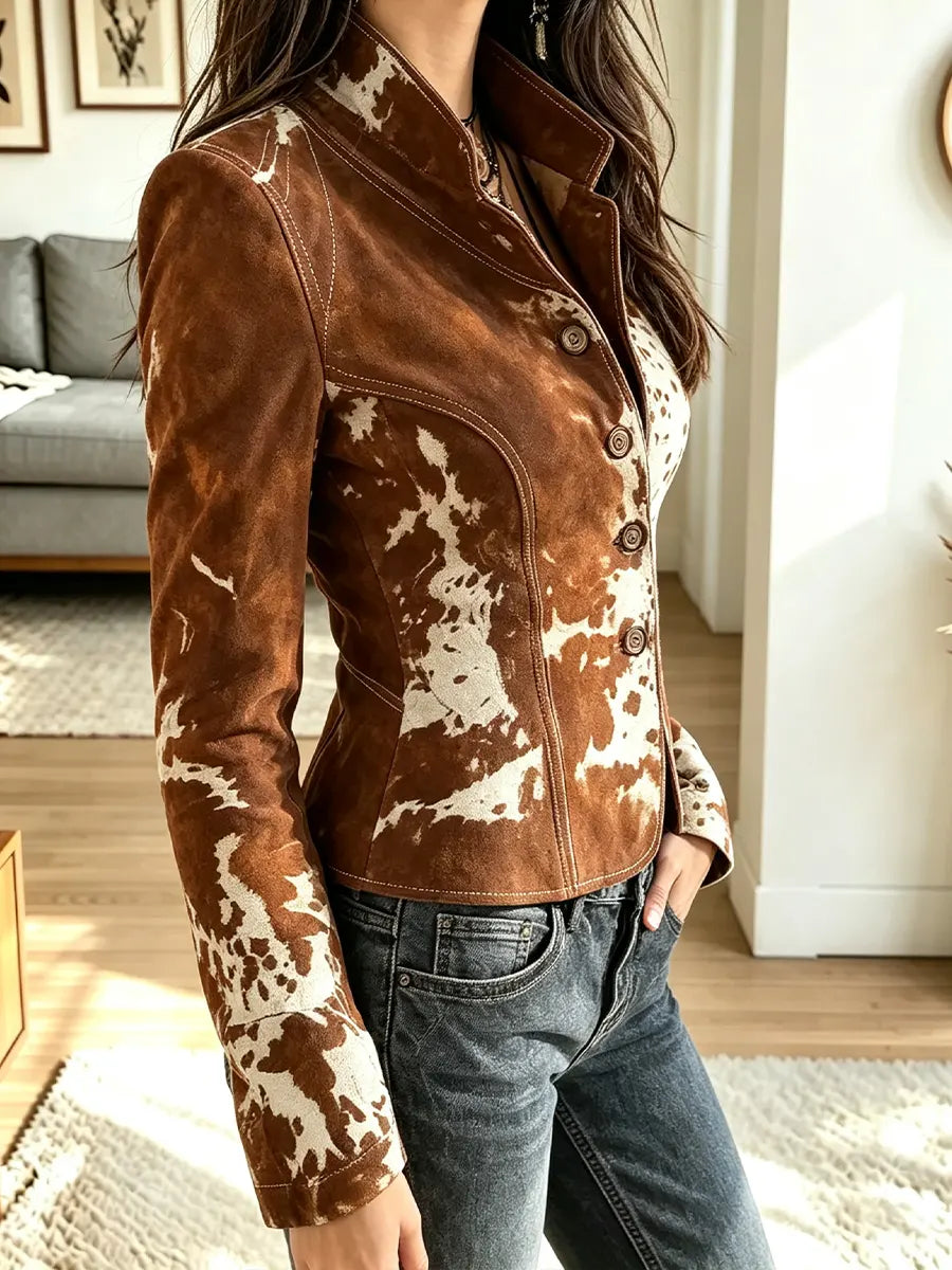 Women's Cow Print Stand Collar Western Jacket