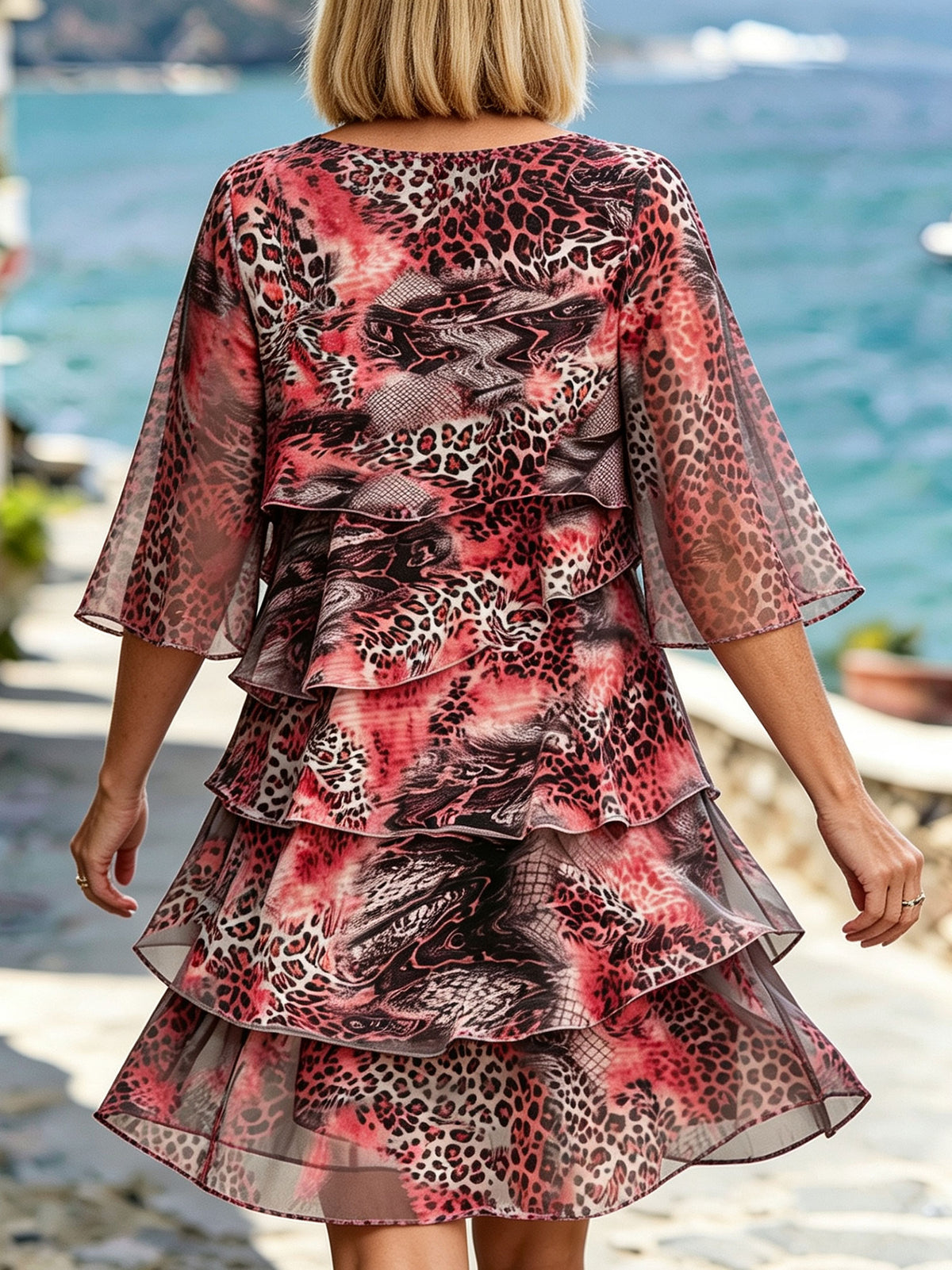 Women’s Pink Leopard Print Split Flare Sleeve Tiered Ruffle Chiffon Mini Dress