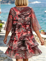 Women’s Pink Leopard Print Split Flare Sleeve Tiered Ruffle Chiffon Mini Dress