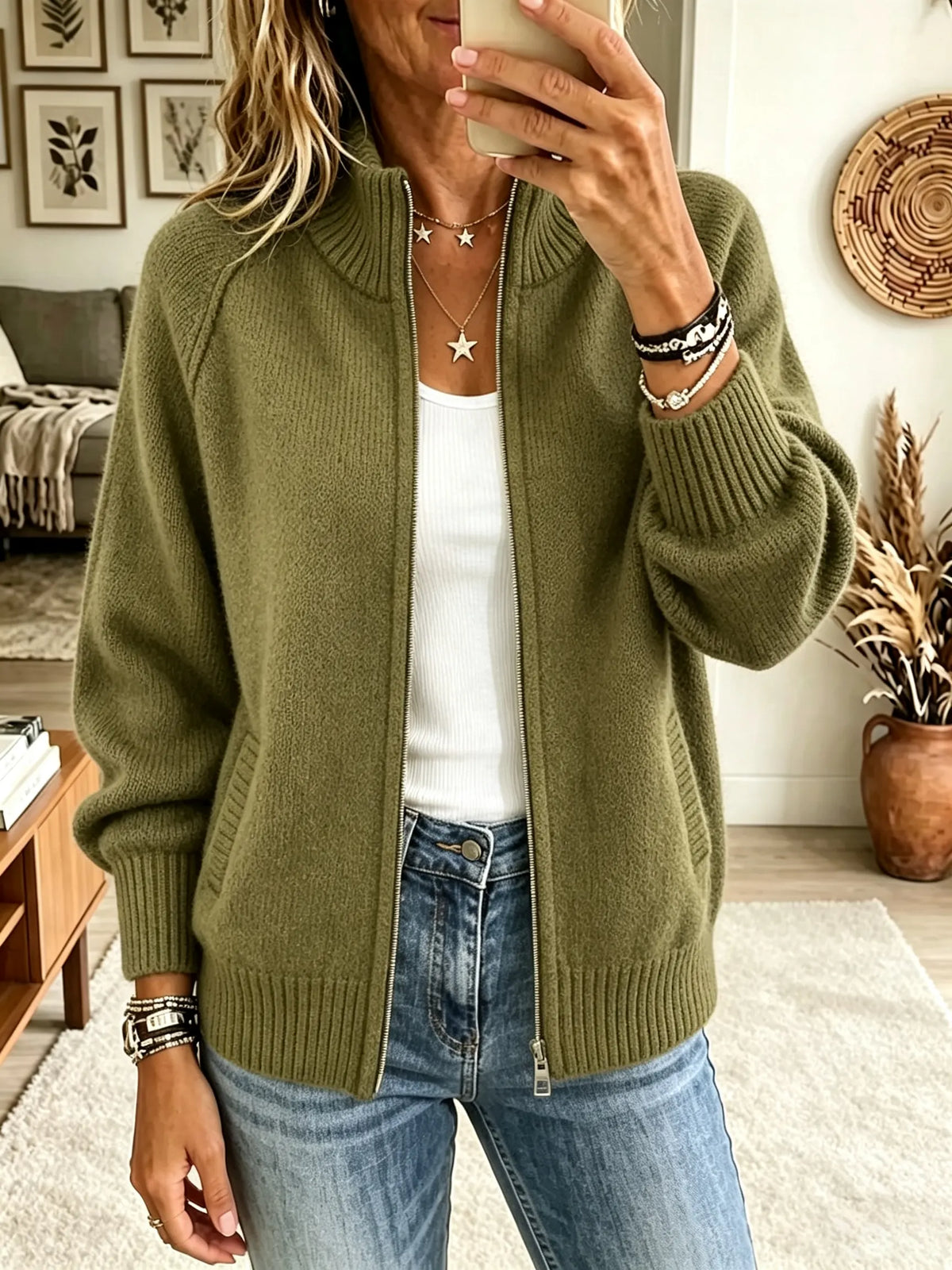 Women's Full-Zip Ribbed Knit Bomber Cardigan