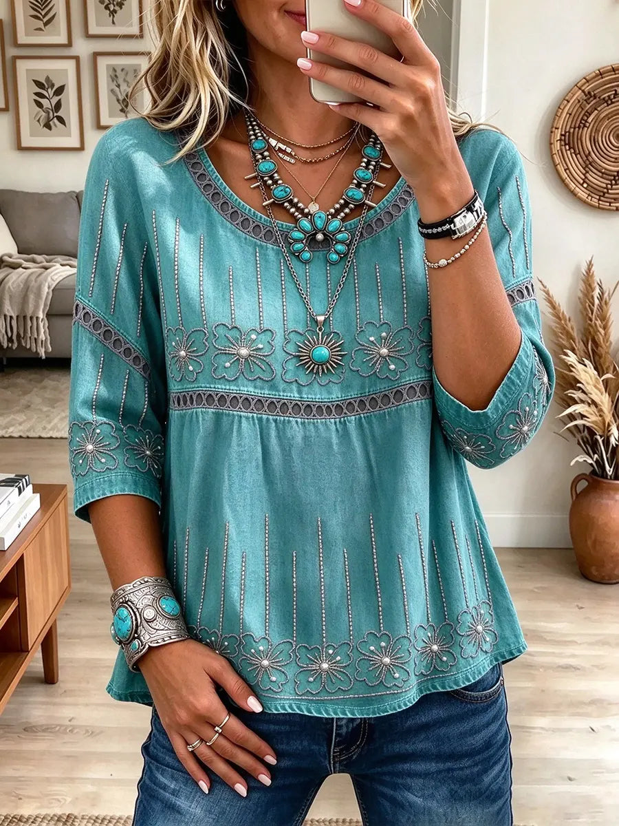 Women's Boho Embroidered 3/4 Sleeve Blouse