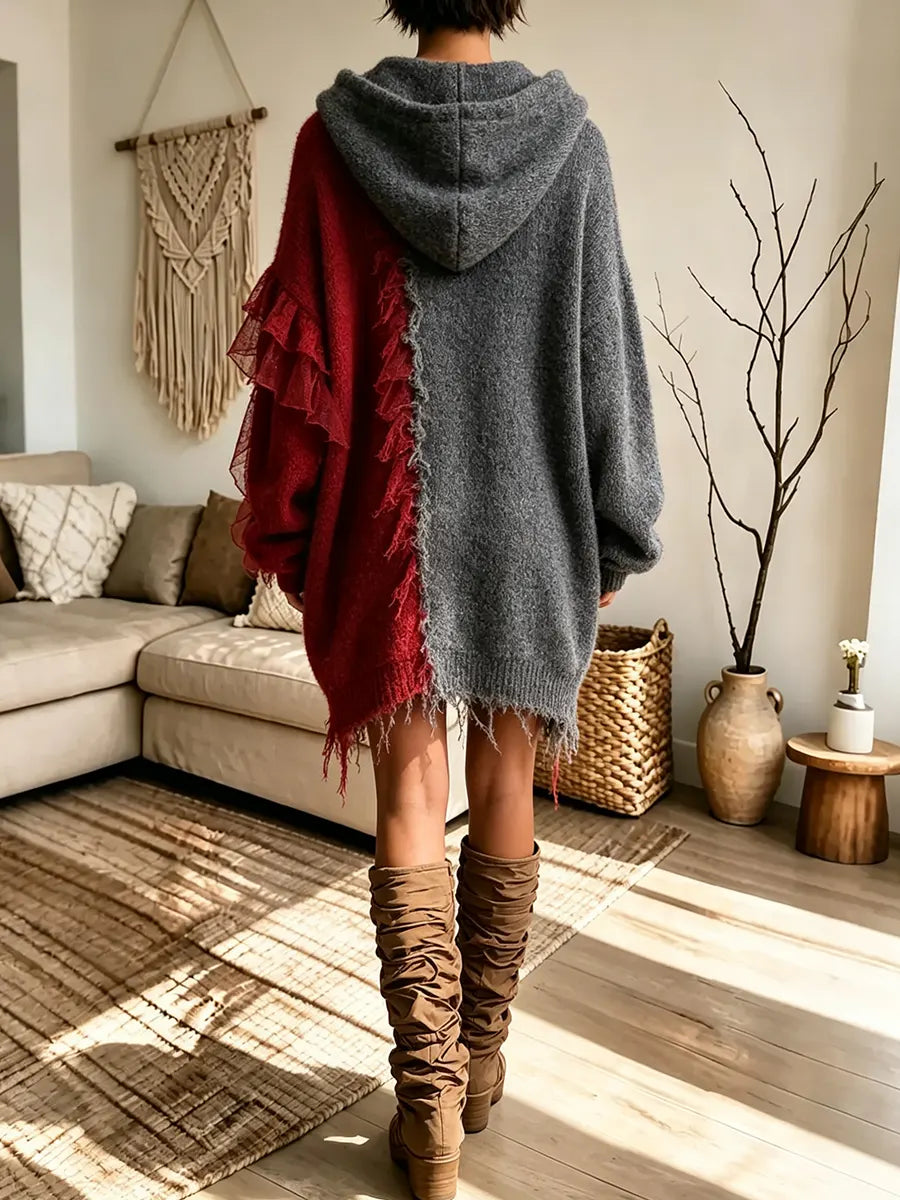 Women's Tassel Mesh Irregular Hem Loose Hoodie Dress