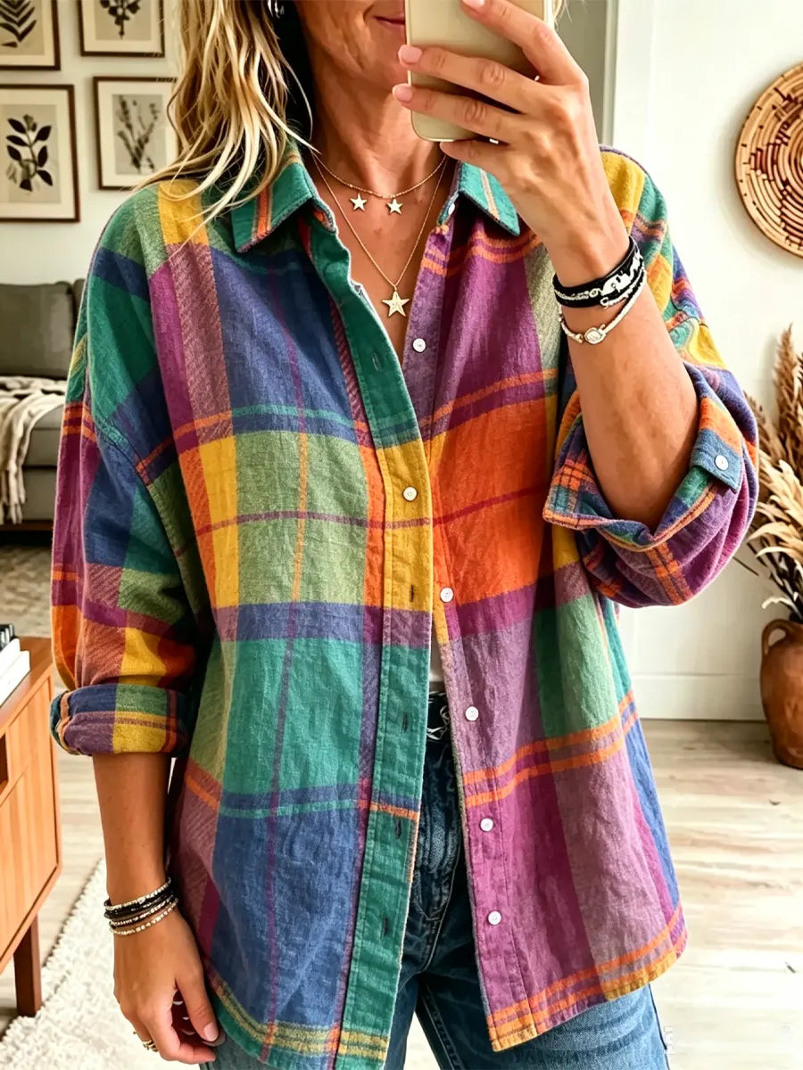 Retro Plaid Pattern Art Print Casual Stylish Long Sleeve Cotton Linen Shirt
