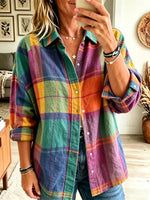 Retro Plaid Pattern Art Print Casual Stylish Long Sleeve Cotton Linen Shirt