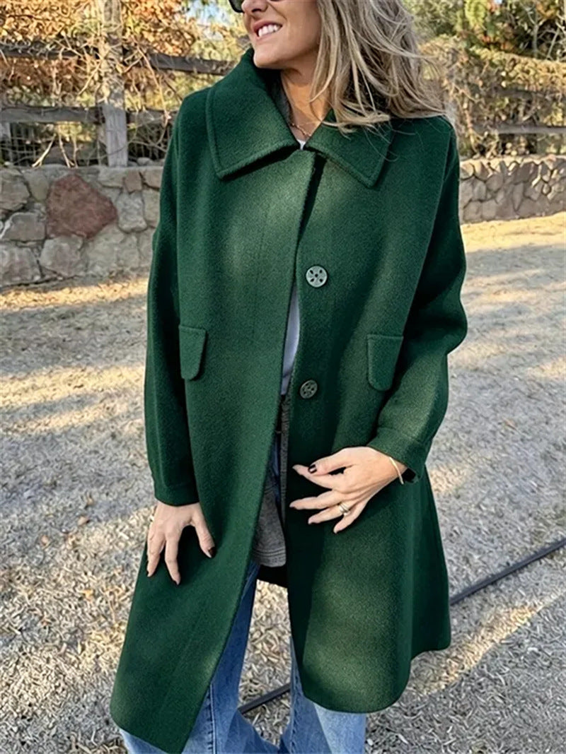 Women Dusty Purple Wide Collar Single Breasted Mid Length Wool Coat