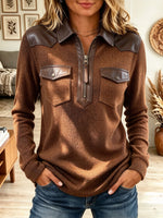 Women Western Faux Leather Patchwork Waffle Knit Half Zip Top