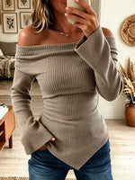 Off Shoulder Ribbed Knit Flare Sleeve Slim Top