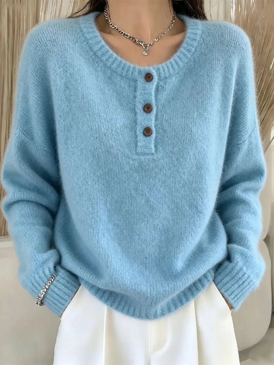 Retro Elegant Button Round Neck Art Casual Stylish Long Sleeve Knitted Sweater