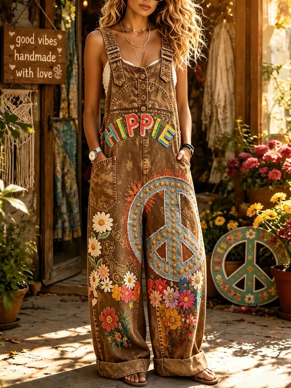Women's Washed HIPPIE Letter Daisy Print Overall Pants