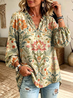 Retro Floral Pattern Art Print Casual Long Sleeve Cotton Linen Shirt
