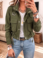 Cropped Utility Cargo Jacket Zip‑Up Drawstring Waist Military Field Coat