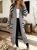 Color Block Striped Long Open Knit Cardigan, Women Loose Fall Sweater Coat