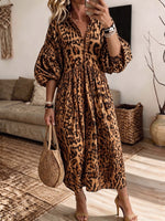 Women Leopard Print Midi Dress V‑Neck Partial Button Puff Long Sleeve High Waist Flowy Casual Dress