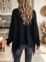 Women's Cowl Neck Fringe Trim Eyelash Knit Sweater