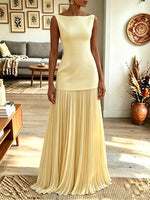 Women Boat Neck Sleeveless Two‑Tone Pleated Maxi Evening Dress