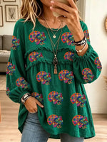 Women's Vintage Elegant Textured Crinkle Ruffle Babydoll Turkey Thanksgiving Tunic Blouse