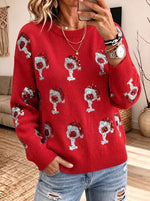 Sequin Wine Glass Print Christmas Sweater Women Crew Neck Loose Pullover
