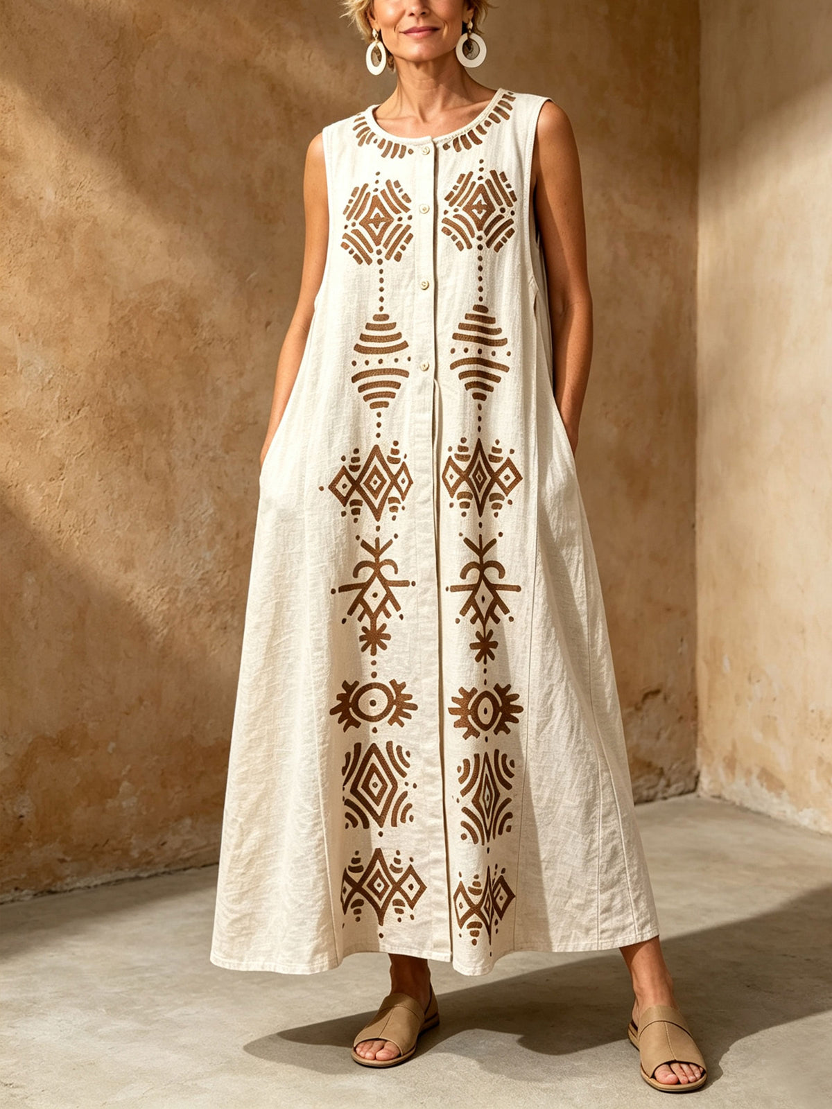 Women's Sleeveless Tribal Geometric Print Button Front Linen Blend Maxi Dress