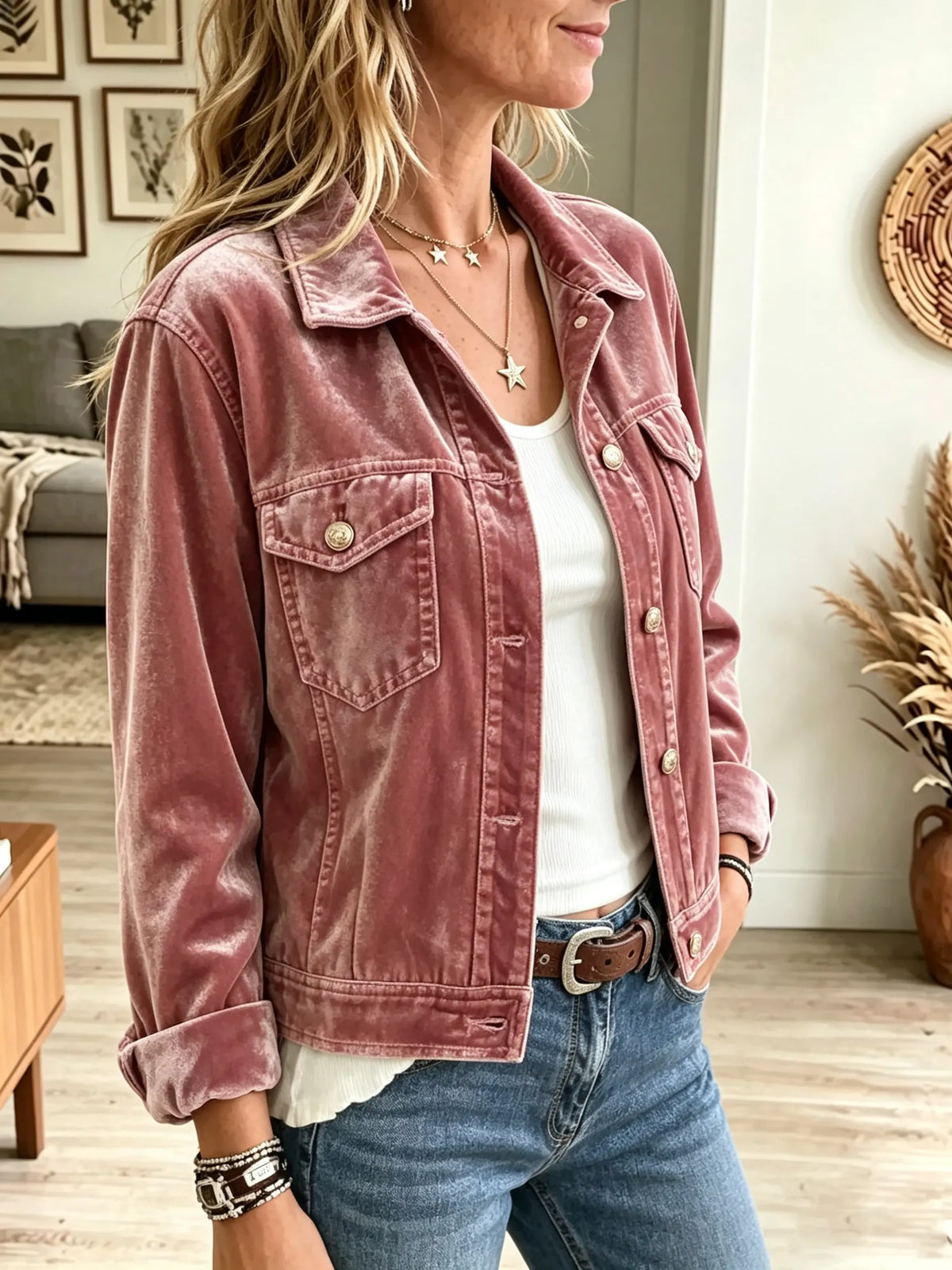 Women's Velvet Button-Down Trucker Jacket