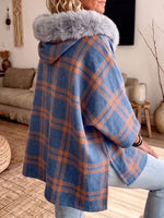Faux Fur Hood Plaid Zip-Up Poncho Jacket
