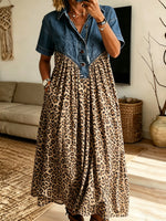 Vintage Leopard Pattern Art Print Casual Stylish Lapel Denim Patchwork Dress