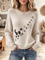 Women's Cute Cat Paw Print Embroidery Long Sleeve Sweater