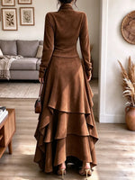 Women's Western Bow Tie Neck Long Sleeve Tiered Ruffle Irregular Hem Slim Fit Maxi Dress