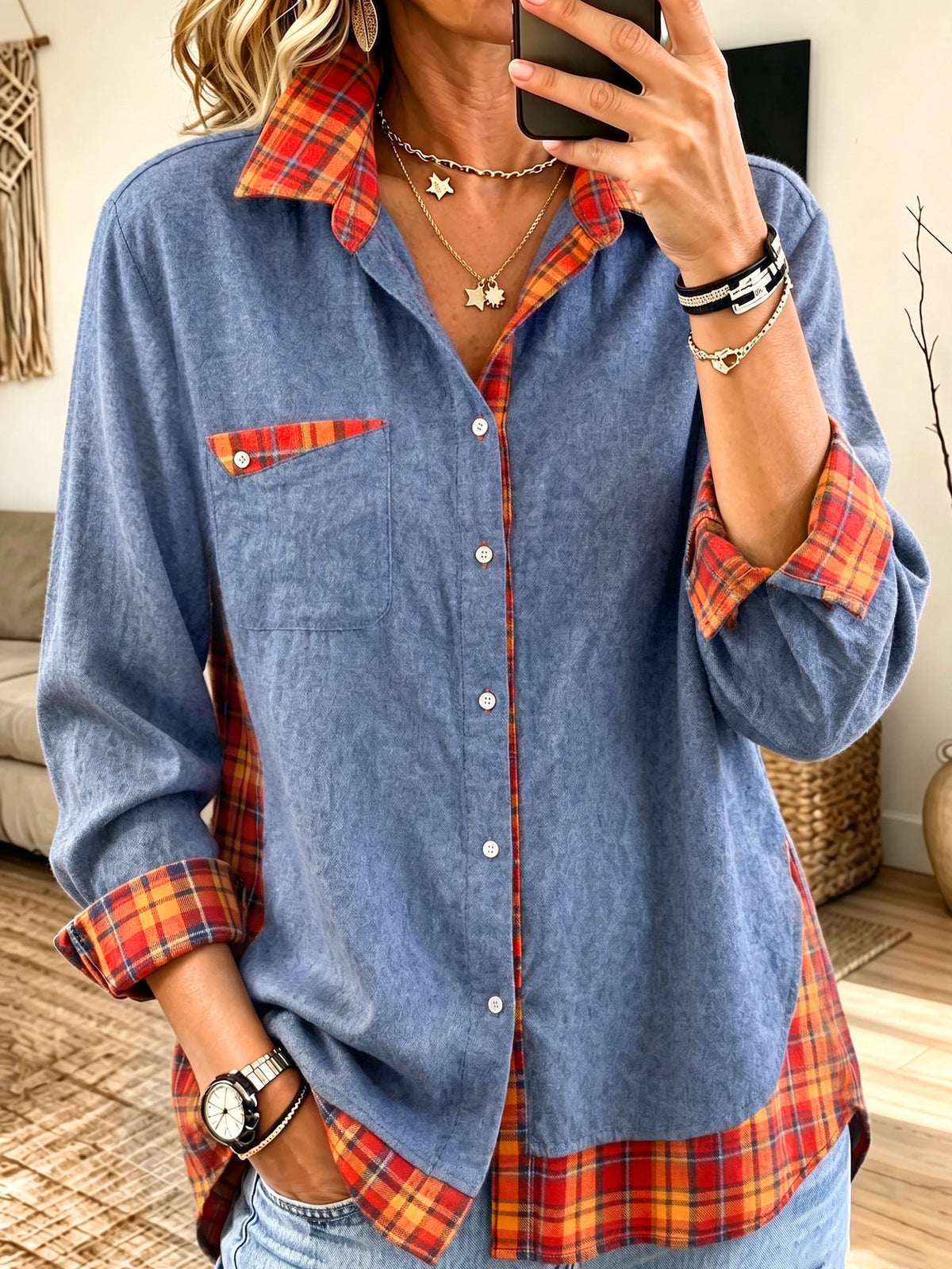 Women Denim Plaid Spliced Button‑down Long Sleeve Shirt With Pocket