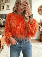 Women's Sequin Feather Fringe Cropped Top