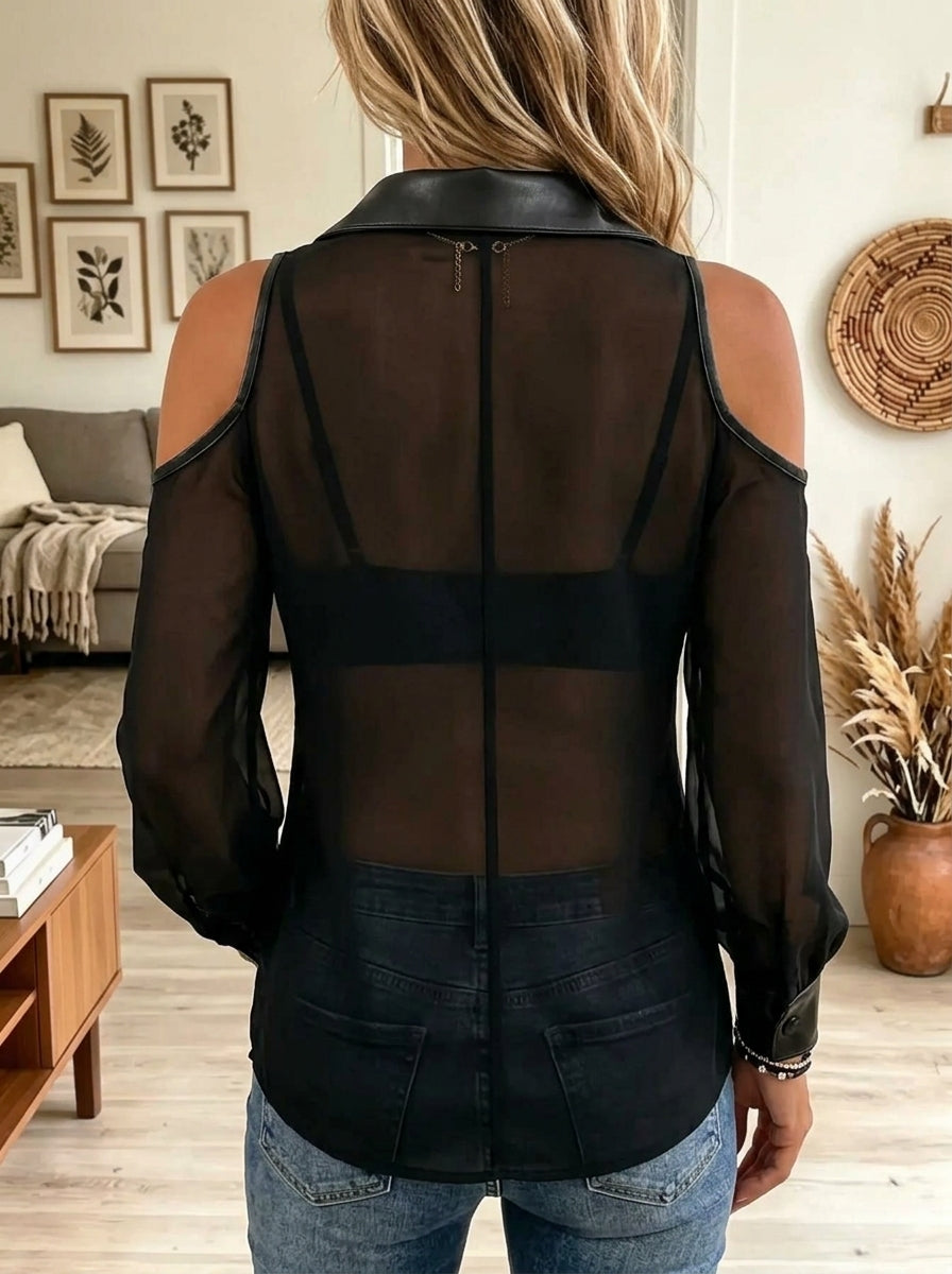 Women's Cold-Shoulder Faux Leather Trim Sheer Shirt