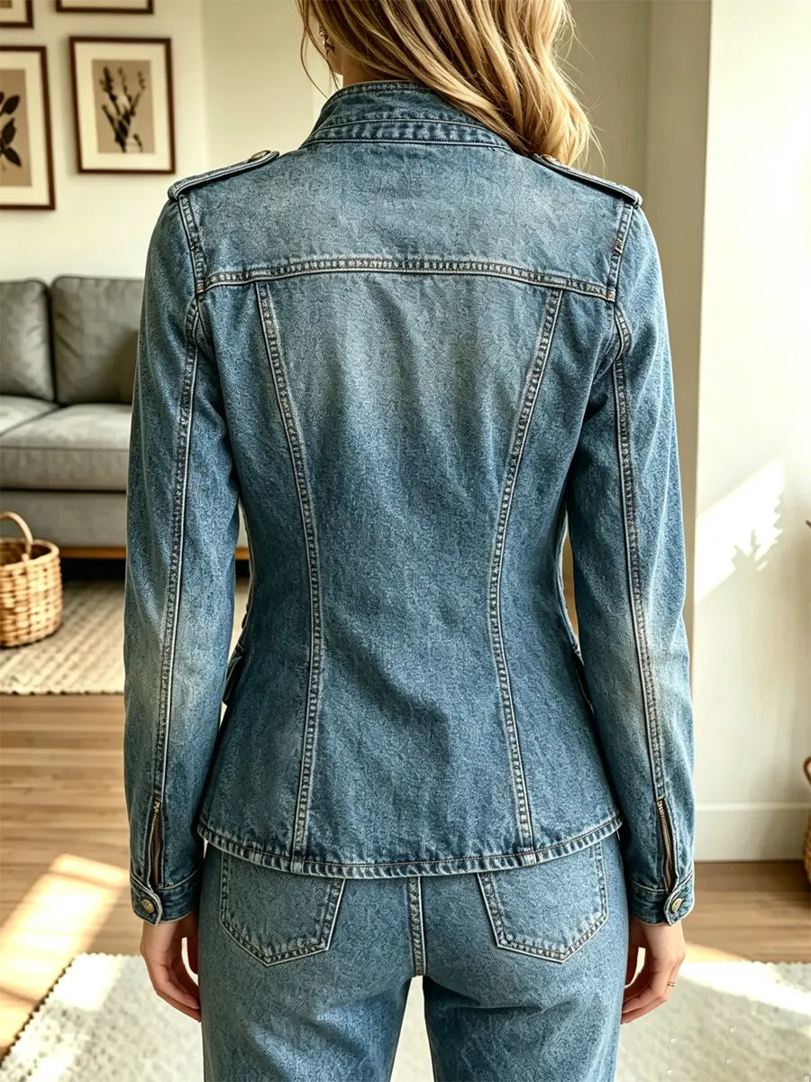 Retro Chic Art Button Zip Casual Denim Stylish Long Sleeve Coat