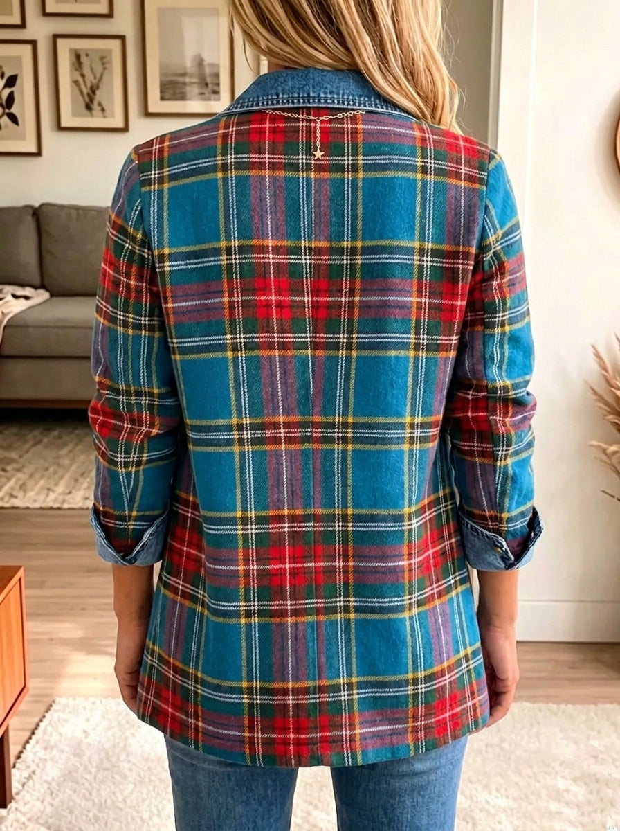 Women Lapel Button Vintage Tartan Plaid Denim Spliced Blazer Jacket Outerwear