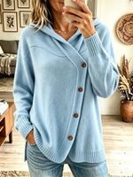 Women Hooded Diagonal Button Wrap Knit Sweater